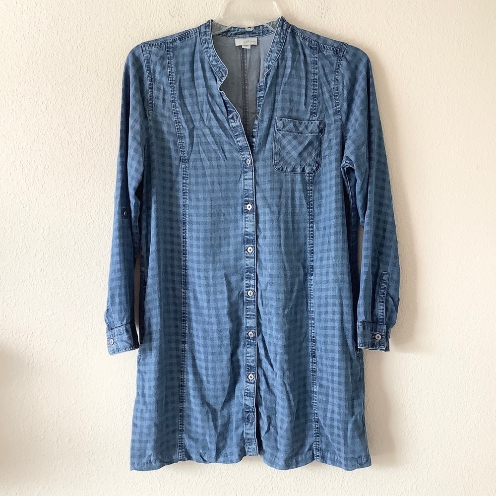 Chambray Shirtdress M Roll-Tab Sleeve Gingham Check Coastal Preppy Tomato Girl - Picture 3 of 12